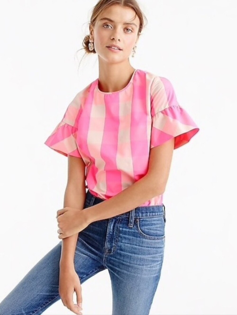 J. Crew Ruffle Sleeve Top in Neon Buffalo Check Size 10 Soft Blossom Capri NEW